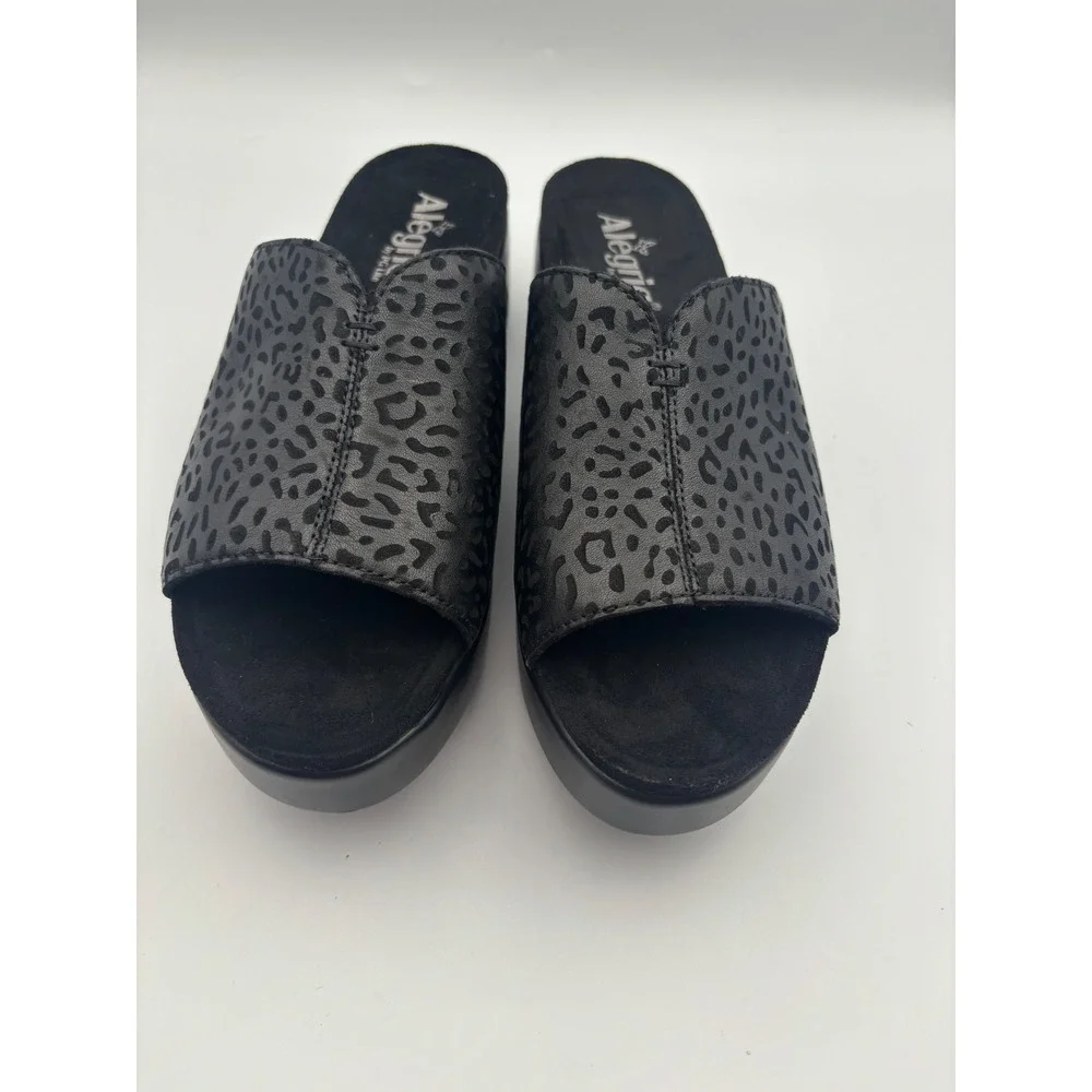 Alegria Trista Black Leopard Leather Platform Wedge Slide Sandals TRI-6127 39